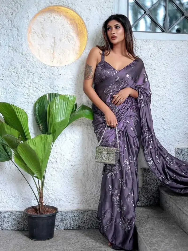 Purple Sequin Saree with Unsititched & Blouse - Image 2