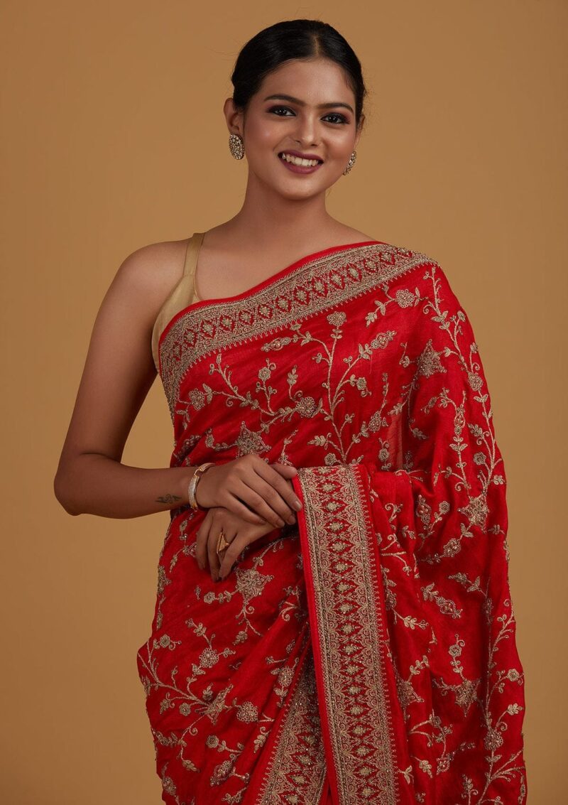 Red Stone Work Raw Silk Saree