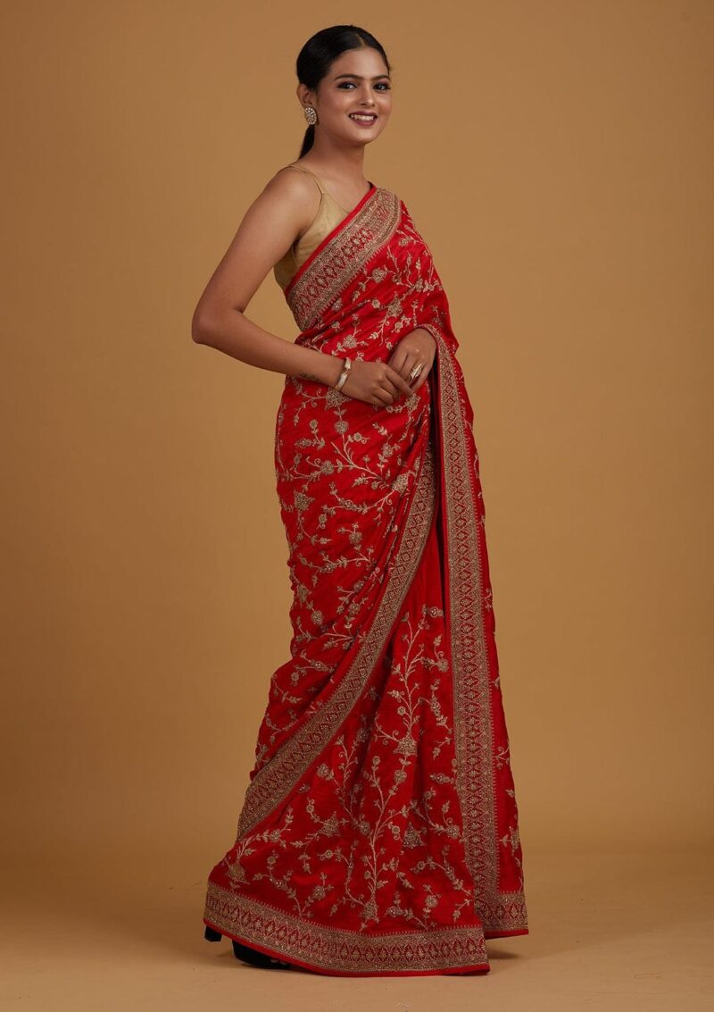 Red Stone Work Raw Silk Saree - Image 2