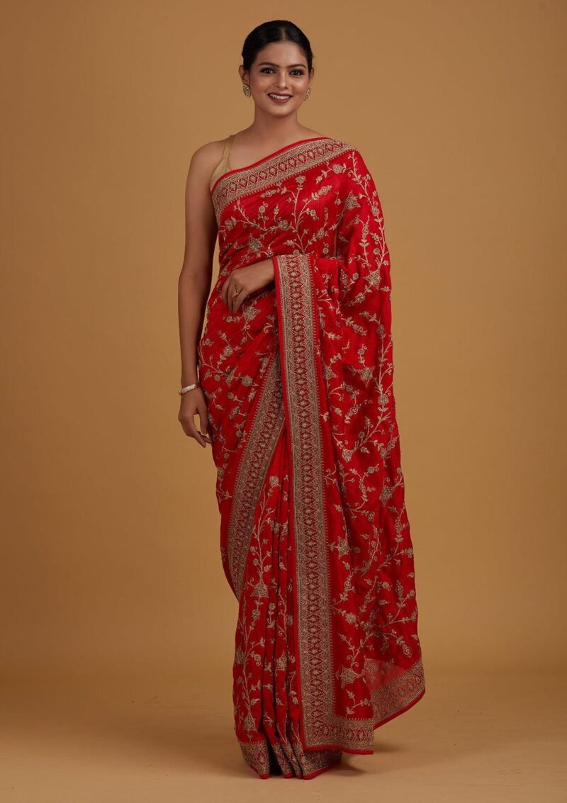 Red Stone Work Raw Silk Saree - Image 3