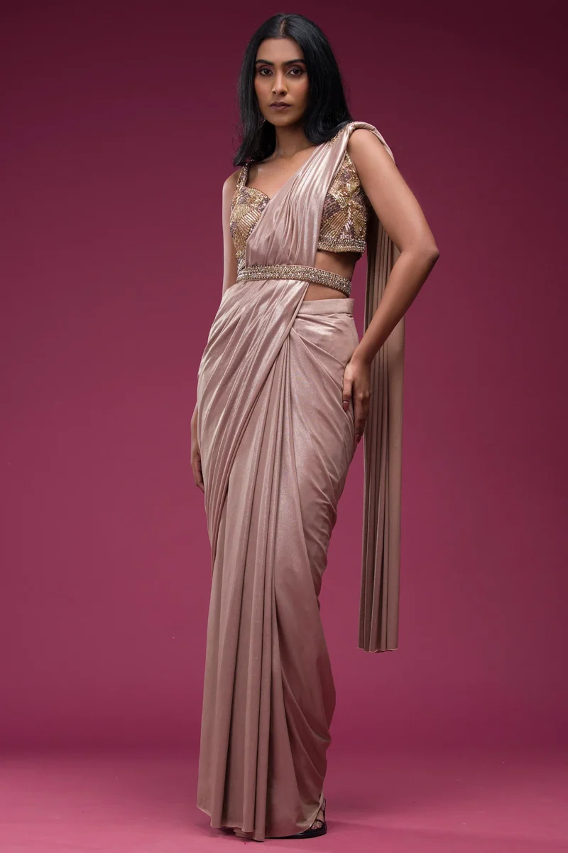 Rose Gold Sequins Embroidered Lycra Saree - Image 2