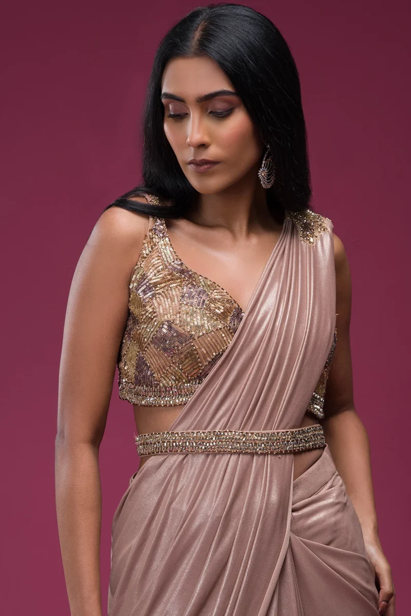 Rose Gold Sequins Embroidered Lycra Saree