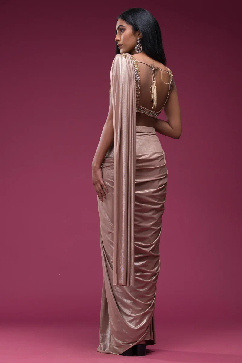 Rose Gold Sequins Embroidered Lycra Saree - Image 3