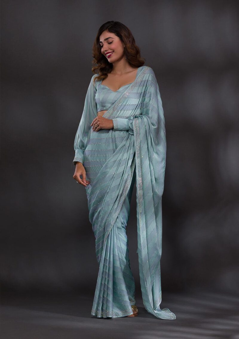 Sea Green Swarovski Semi Crepe Designer Saree - Image 2