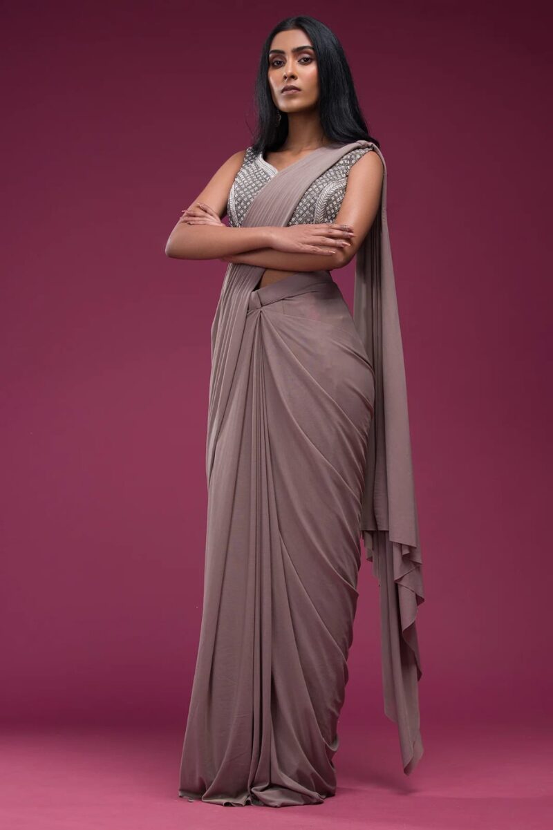 Taupe Brown Readymade Lycra Saree - Image 2